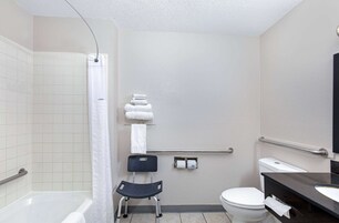 Un baño con bañera, inodoro y zona de ducha.