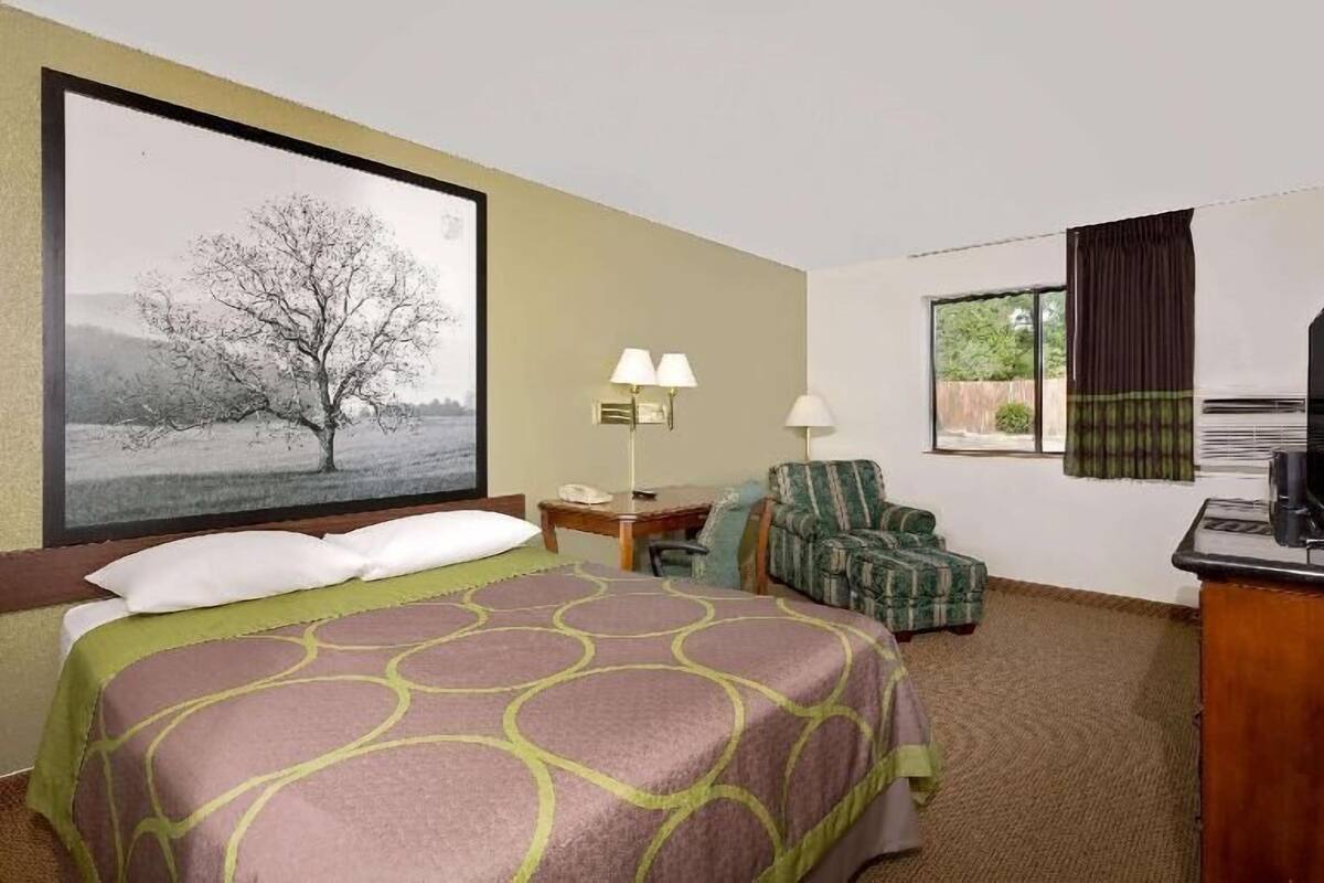 A hotel room with a bed, a desk, a chair, a television, and a large window.