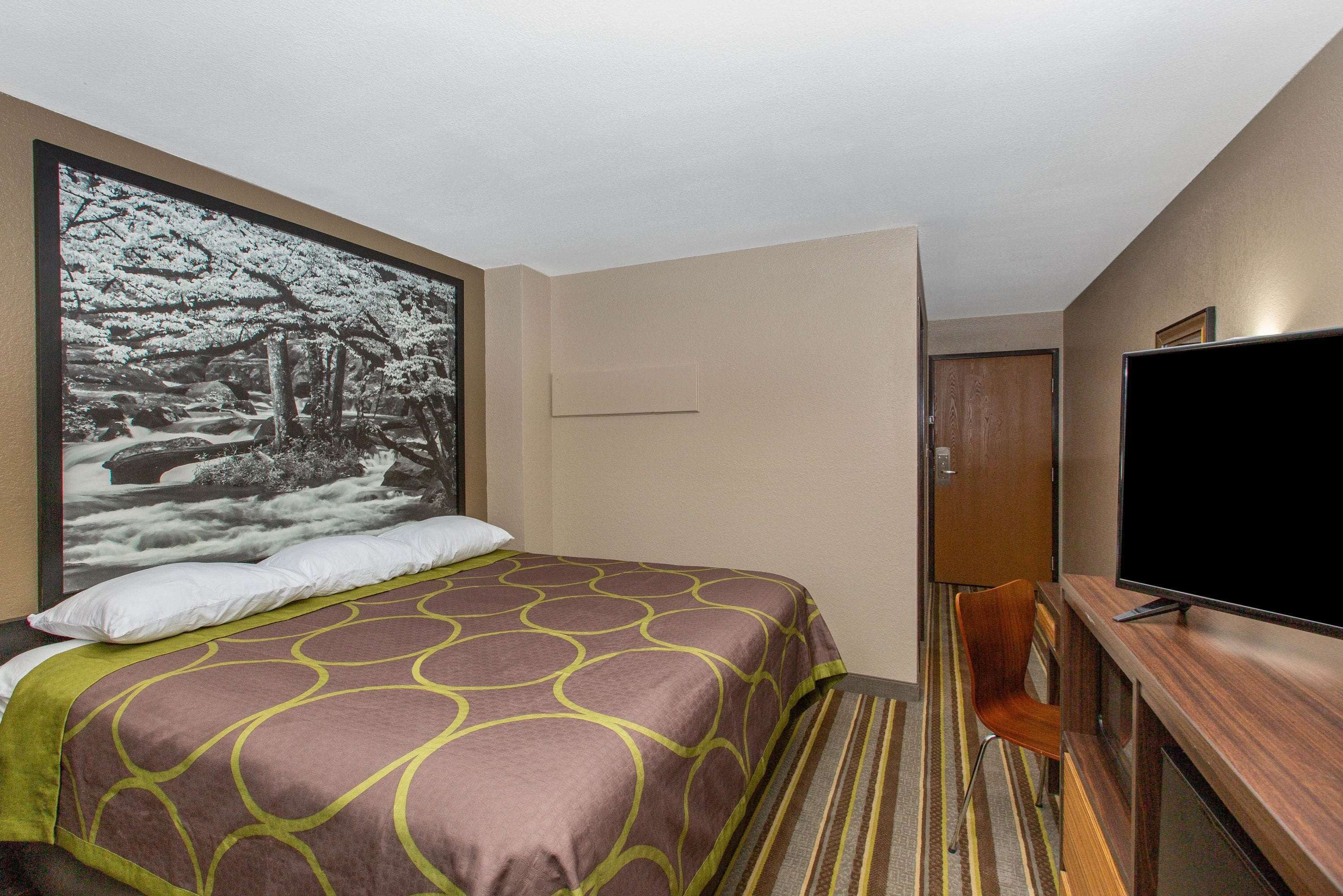 A hotel room with a bed, a television, a desk, and a large framed picture on the wall.