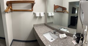 Deluxe Room, 2 Queen Beds, Non Smoking | Bathroom | Hair dryer, towels, soap, shampoo