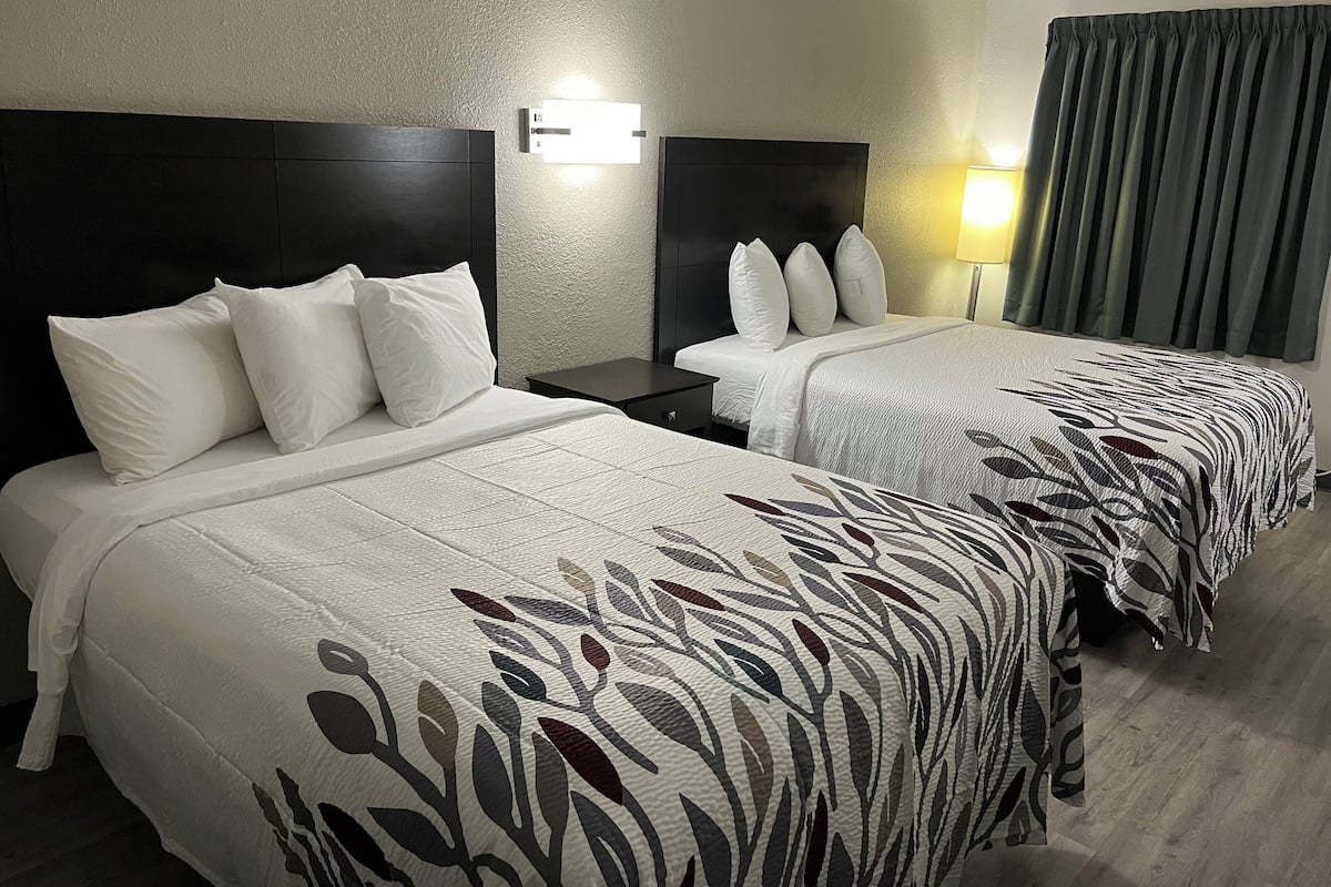 A hotel room with two beds, each with white bedding and a leaf-patterned duvet cover. There is a nightstand with a lamp between the beds, and a window with curtains.