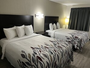 Desk, laptop workspace, blackout curtains, free WiFi