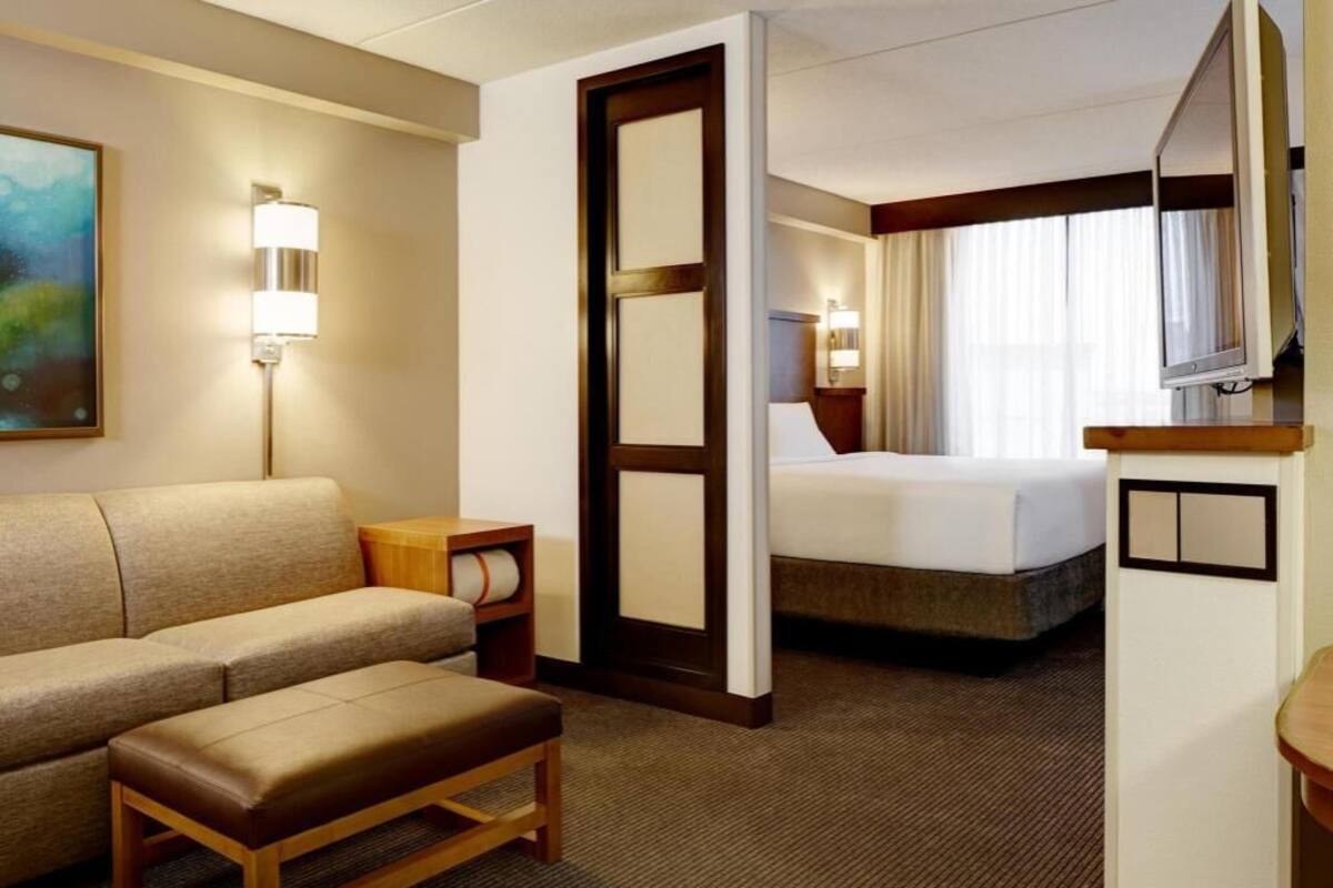 Habitación de hotel con sofá, banco de madera, cama, televisión y un cuadro en la pared.