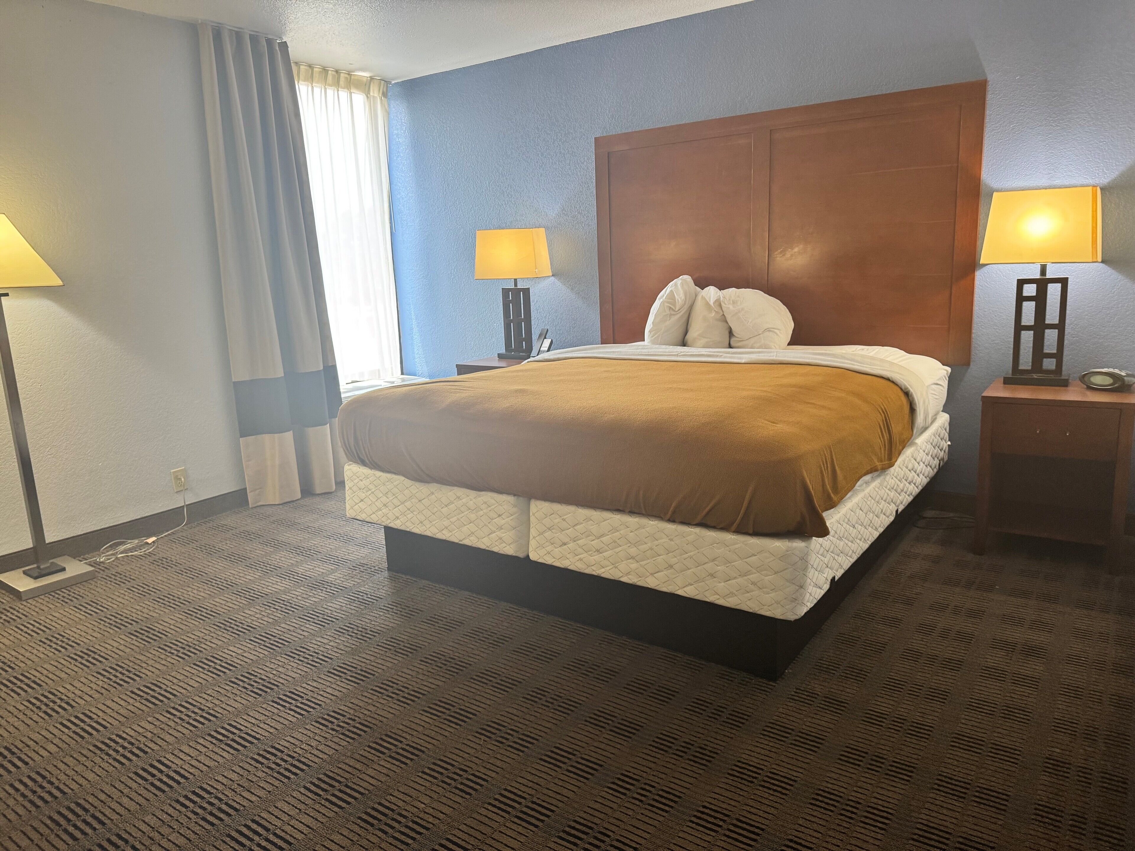 Ein Hotelzimmer mit einem großen Bett, zwei Nachttischlampen, einem Holzkopfstück und einem Teppichboden.