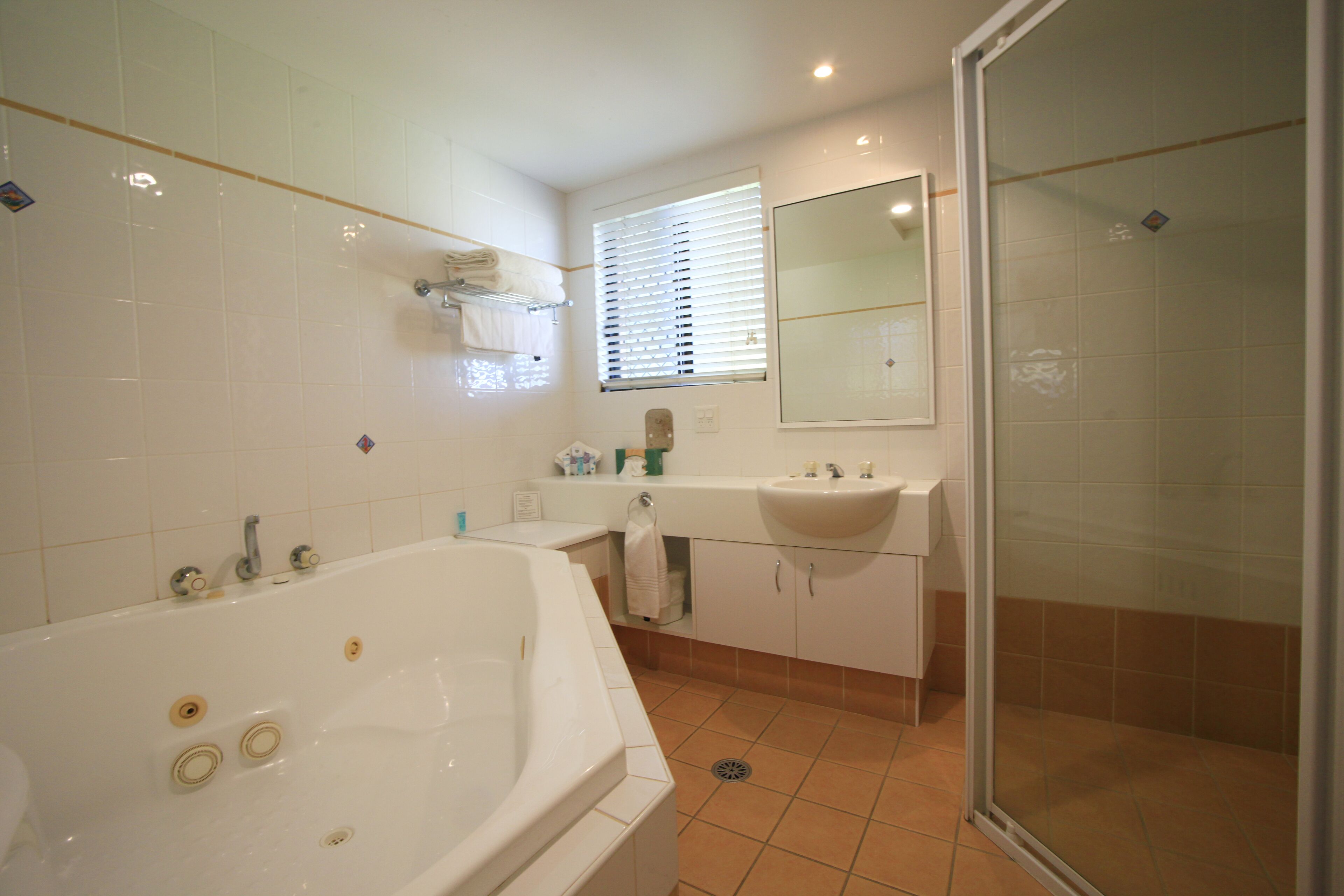 Een badkamer met een bad, een wastafel en een douche.