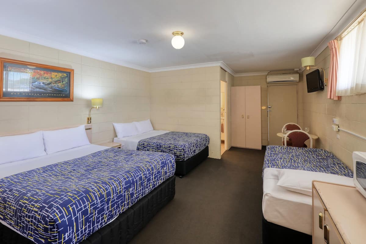 Une chambre d’hôtel avec deux lits simples, une petite table avec une chaise, un four à micro-ondes et un appareil de climatisation.