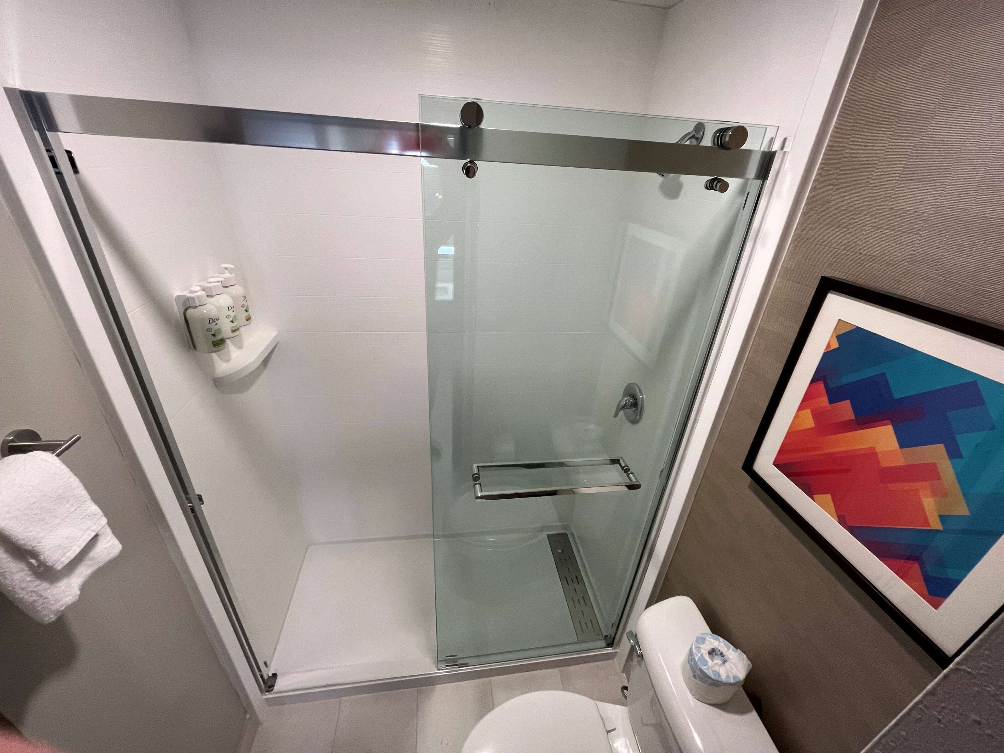 A modern bathroom with a glass-enclosed shower, a white toilet, and a framed abstract painting on the wall.