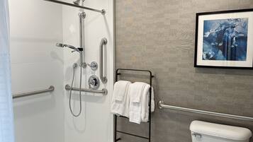 Une salle de bain moderne avec une douche à l’italienne, des barres d’appui, des toilettes et un tableau encadré au mur.