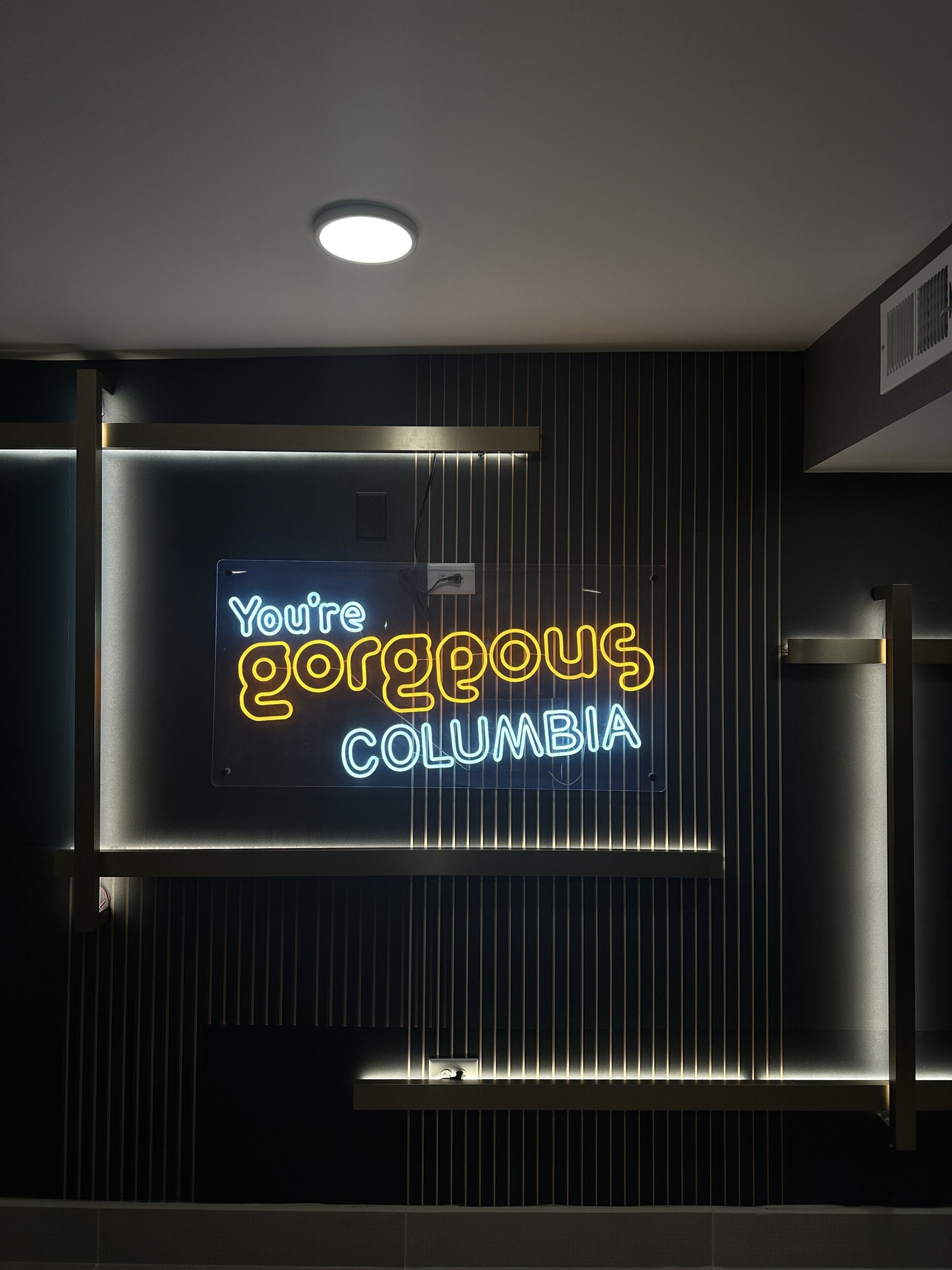 Un letrero de neón con el texto 'You're gorgeous Columbia' sobre un fondo oscuro con líneas verticales.