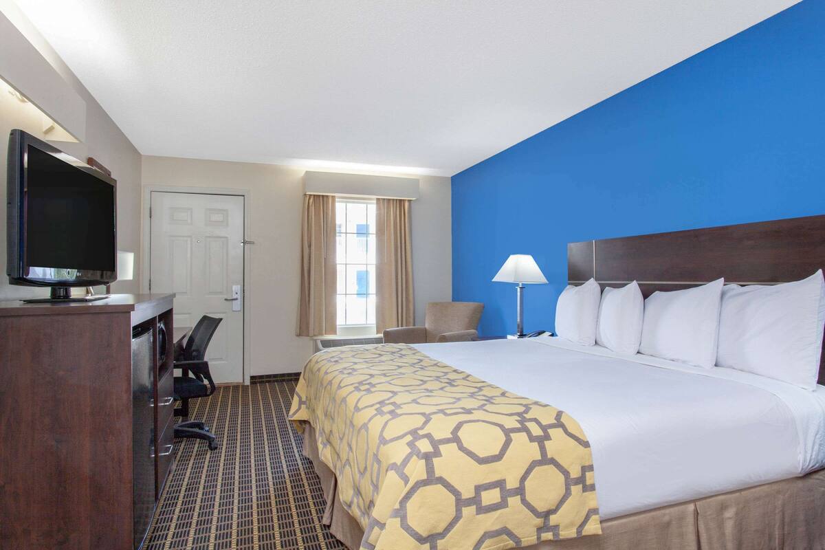 A hotel room with a bed, a desk with a TV, a chair, a lamp, and a window with curtains.