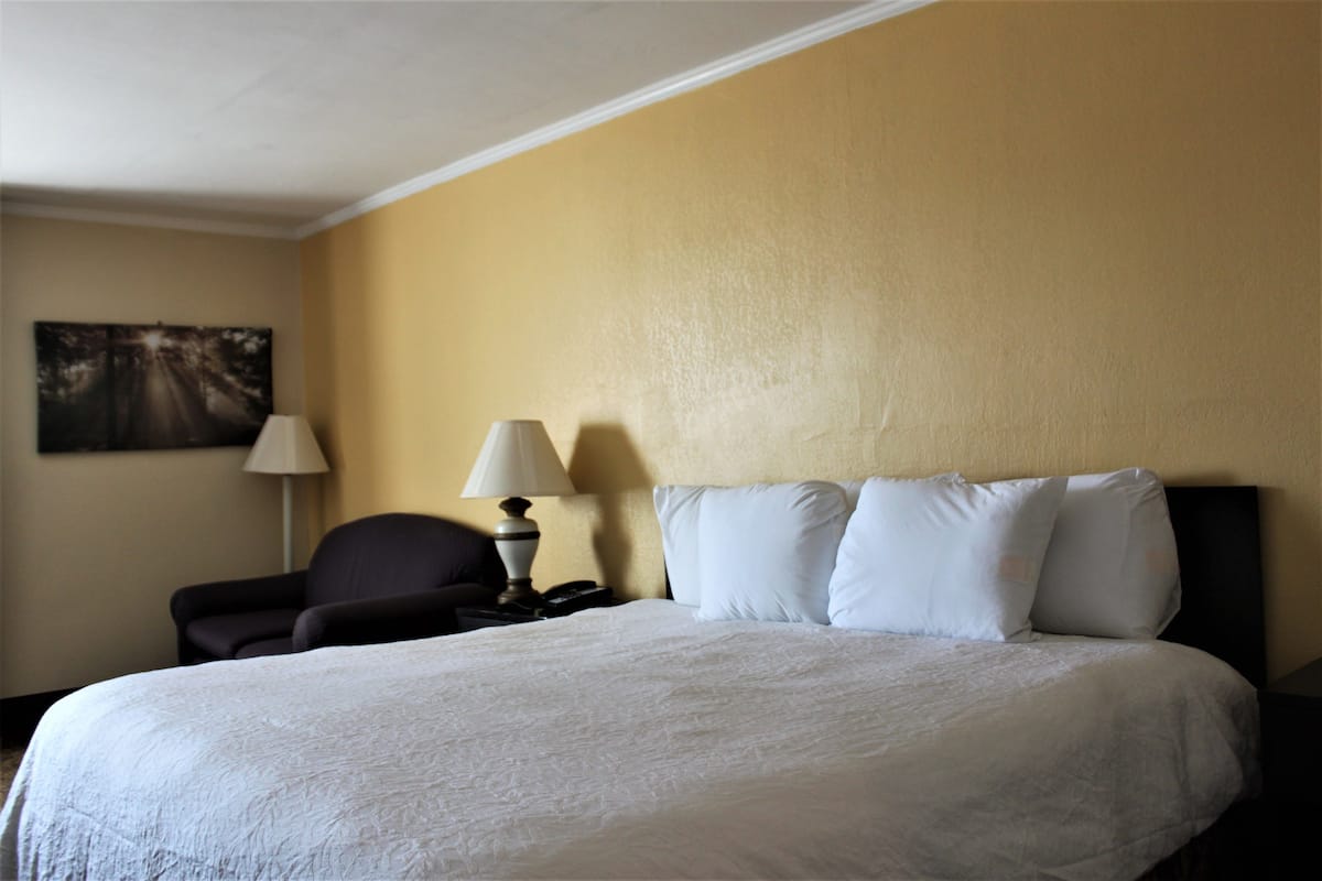 A hotel room with a large bed, a chair, a nightstand with a lamp, and a painting on the wall.