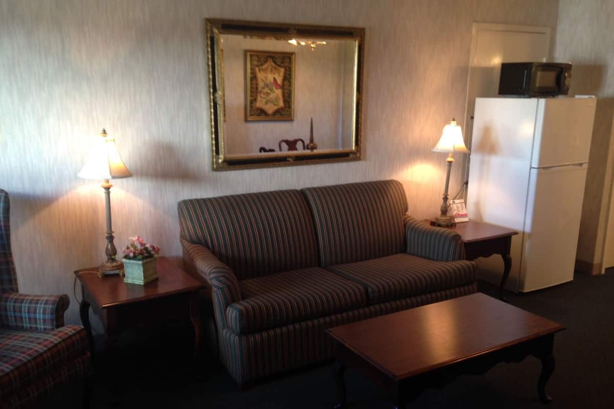 A living room with a sofa, two side tables, a lamp, a chair, and a refrigerator.