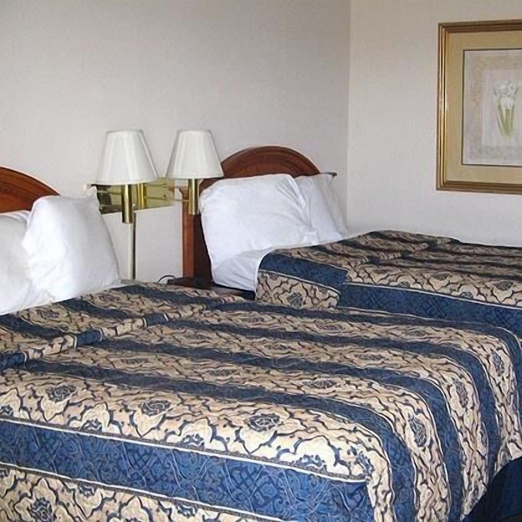 Ein Hotelzimmer mit zwei Betten, jedes mit einer gemusterten Tagesdecke, einem Holz-Kopfteil und je zwei Nachttischlampen.