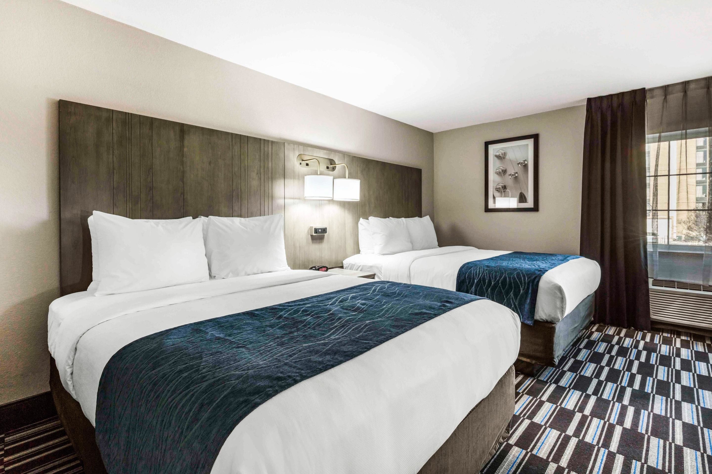 standard room, 2 queen beds, non smoking | pillow-top beds, desk, blackout curtains, iron/ironing board