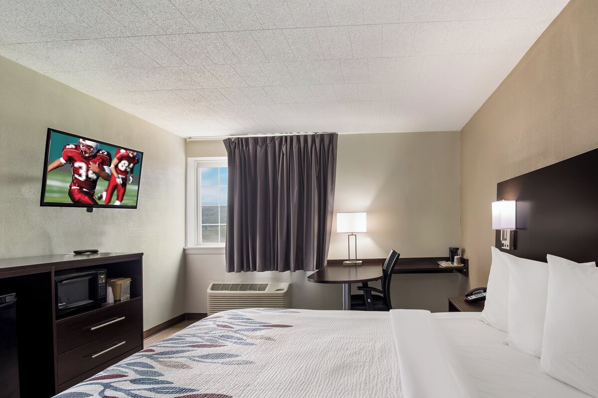 Une chambre d’hôtel équipée d’un lit, d’un bureau, d’une télévision, d’un four à micro-ondes et d’une fenêtre avec des rideaux.