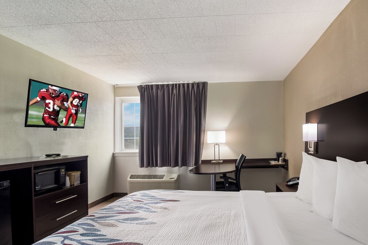 Une chambre d’hôtel équipée d’un lit, d’un bureau, d’une télévision, d’un four à micro-ondes et d’une fenêtre avec des rideaux.