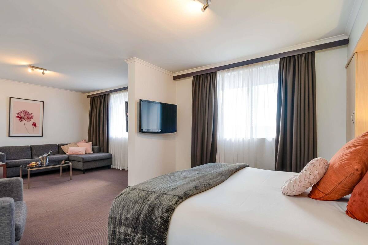 Una habitación de hotel con cama, sofá, televisor y un cuadro en la pared.