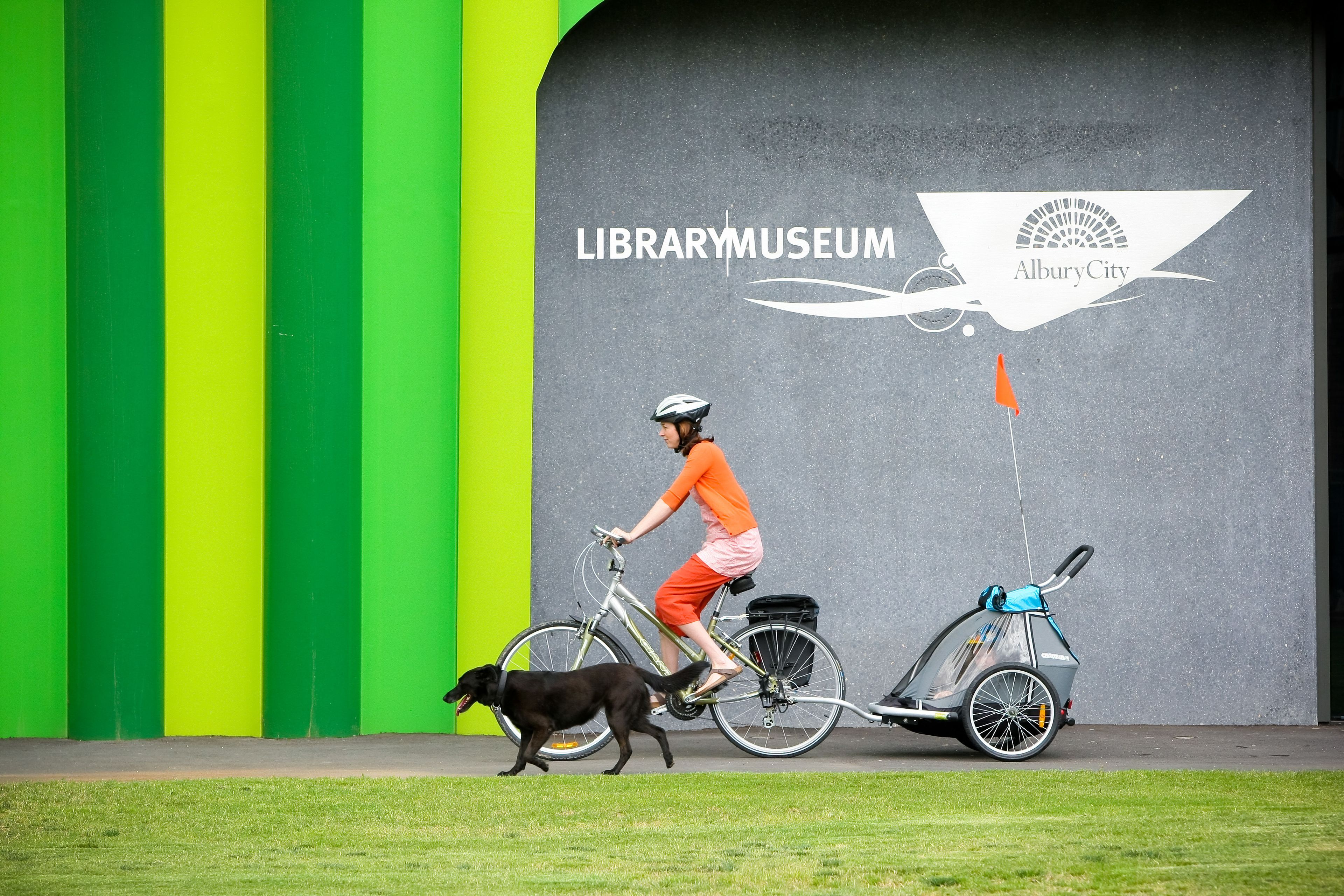 A person riding a bicycle with a dog, passing by a wall with the text "LIBRARYMUSEUM" and "Albury City" logo.