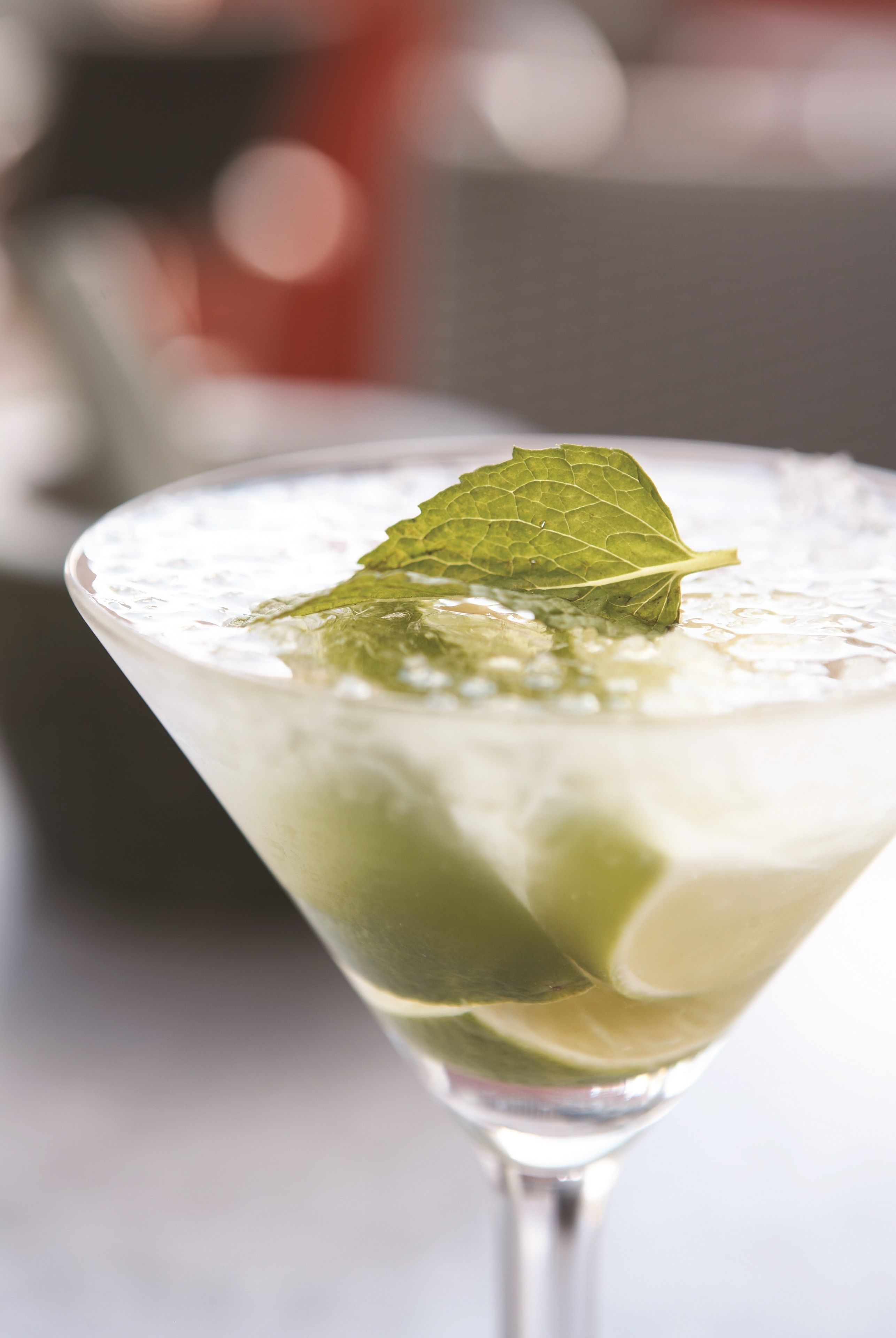 A martini glass with a lime wedge and a mint leaf garnish.