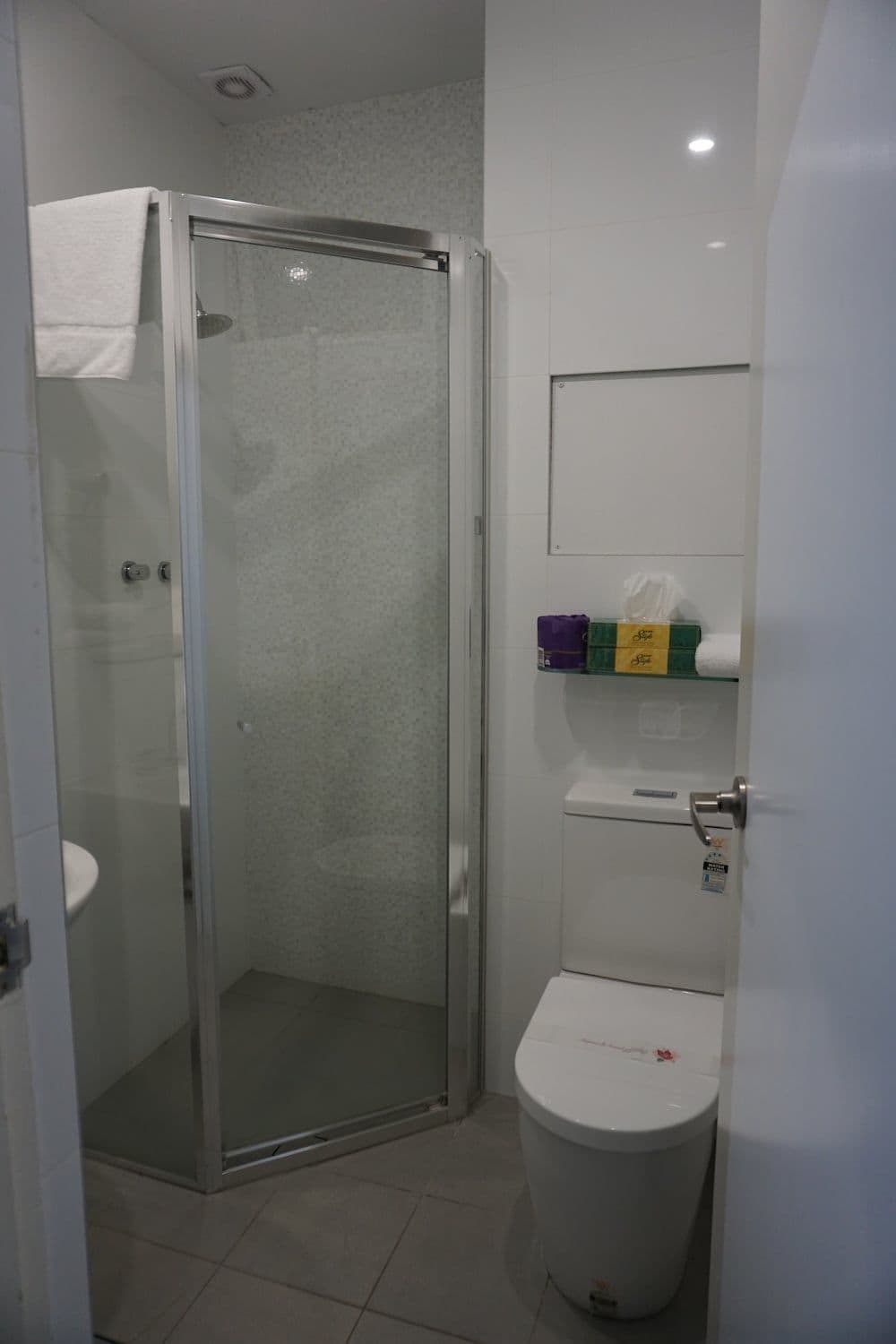 Un baño con ducha acristalada, inodoro blanco y estante con artículos de aseo.