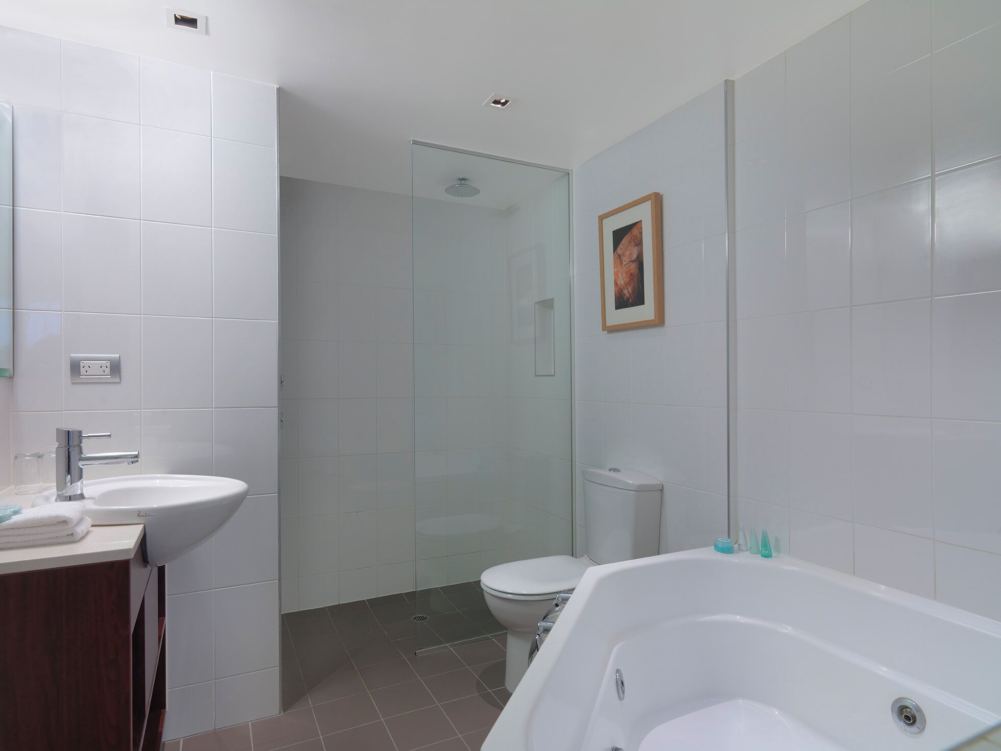 A modern bathroom with a glass-enclosed shower, a white toilet, and a freestanding bathtub.