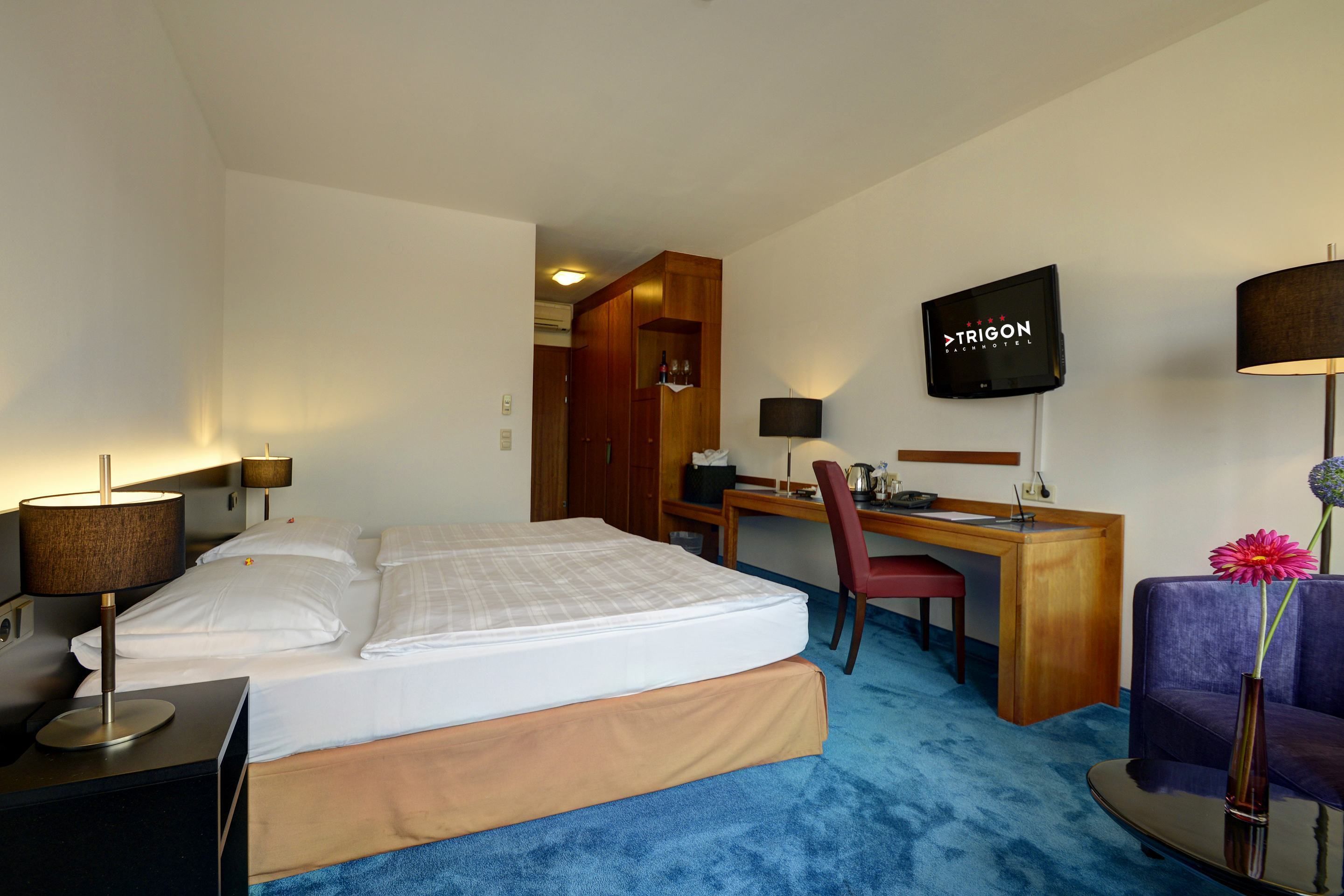 Une chambre d’hôtel avec un lit, un bureau, une chaise, une télévision et un vase avec une fleur.