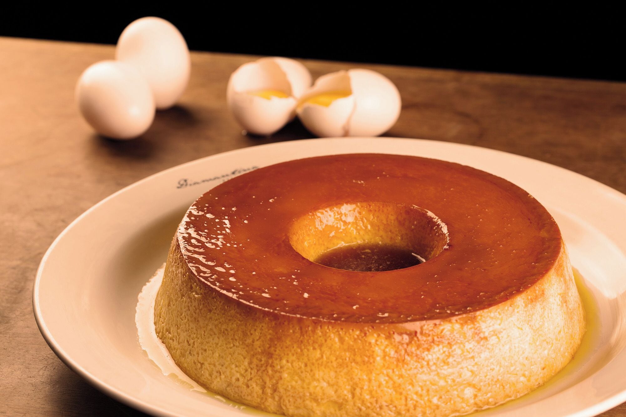 A caramel flan on a plate.