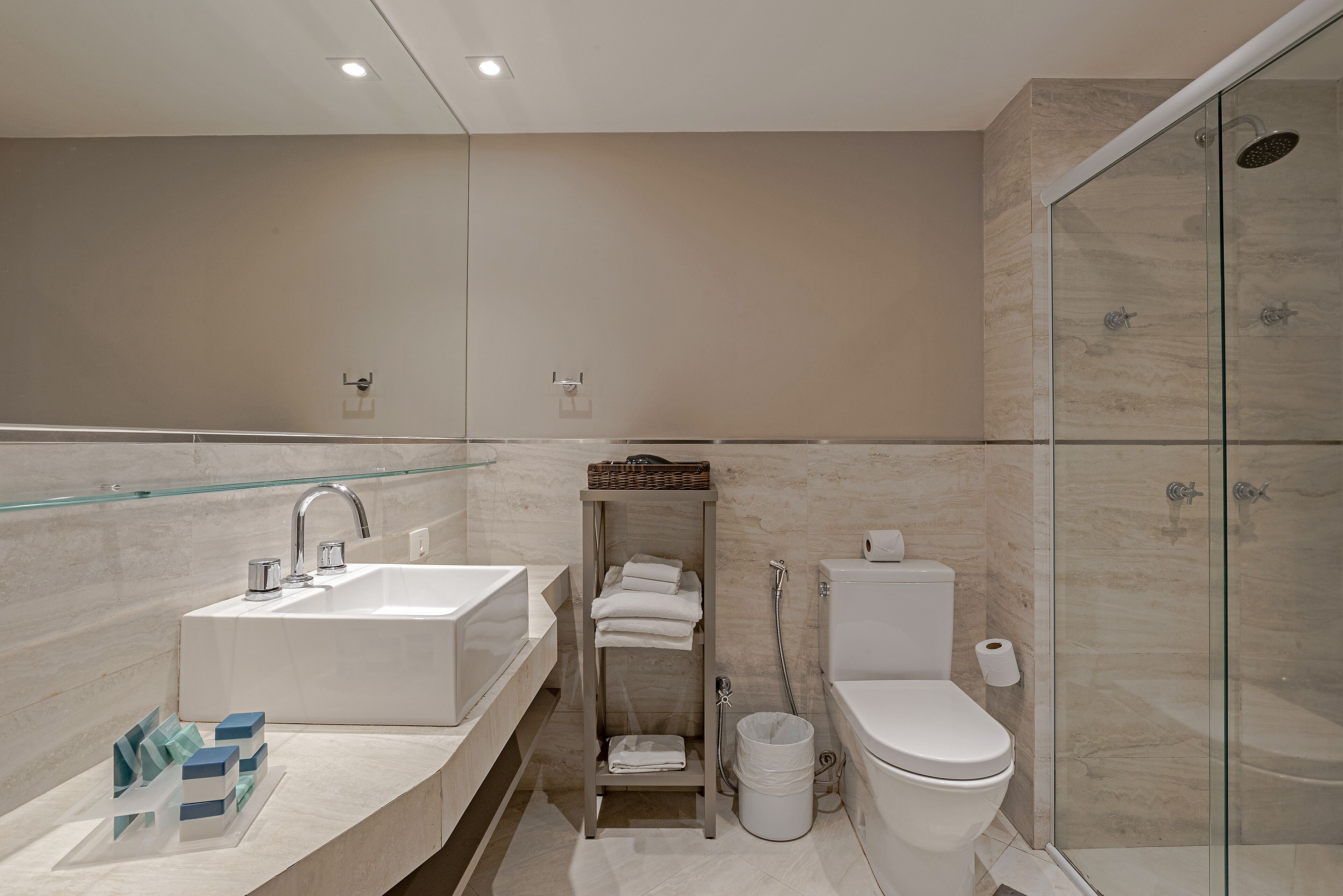 A modern bathroom with a glass shower enclosure, a white sink with a mirror, and a toilet.