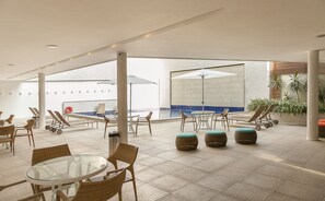 Indoor pool, outdoor pool, sun loungers