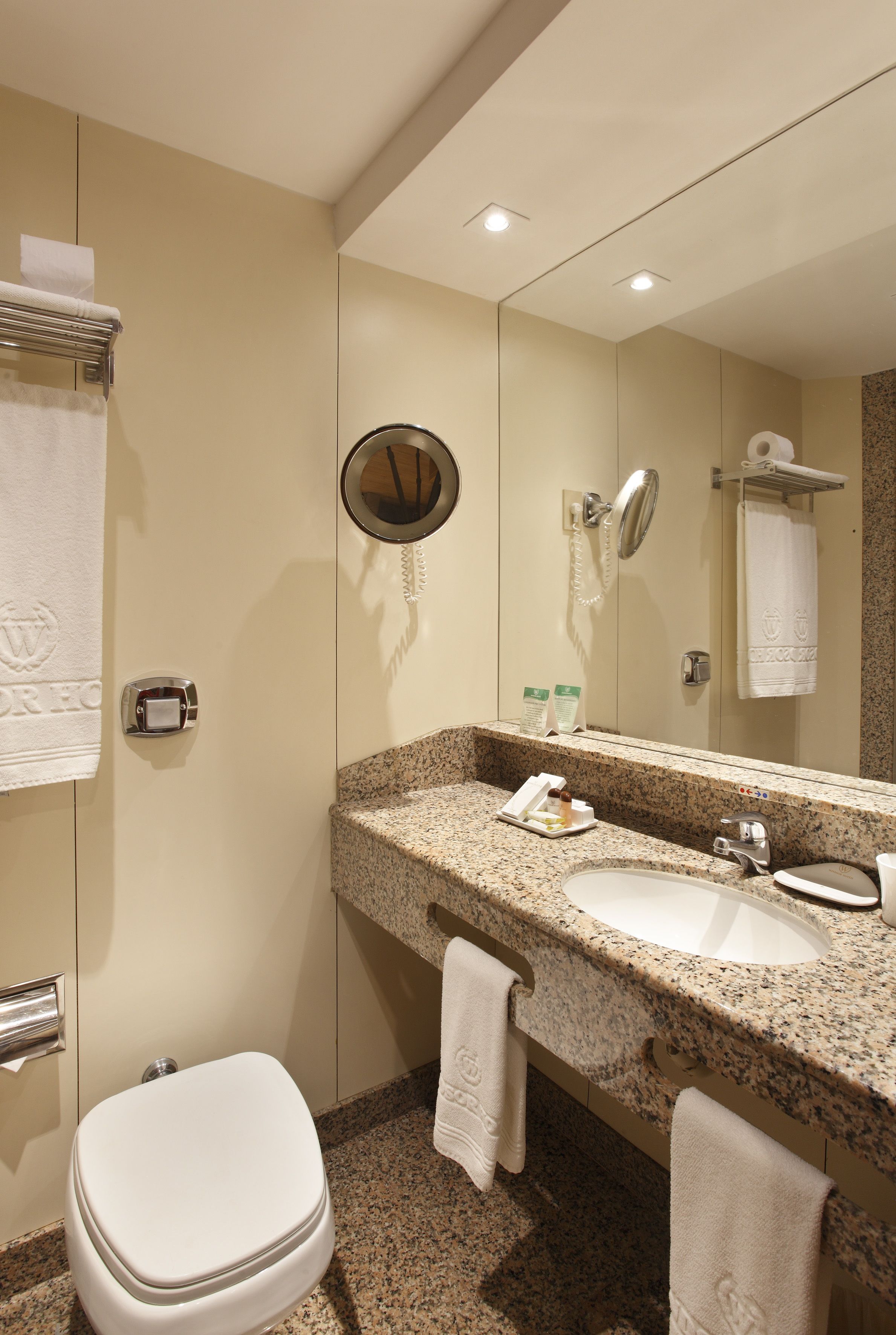 Un baño de hotel con un inodoro blanco, encimera de granito, dos lavabos, un espejo grande y un perchero para toallas.