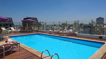 Outdoor pool, pool umbrellas, pool loungers