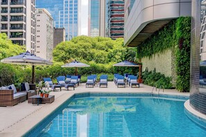 Outdoor pool, open 8:00 AM to 8:00 PM, pool umbrellas, sun loungers