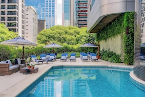 Outdoor pool, open 8:00 AM to 8:00 PM, pool umbrellas, pool loungers