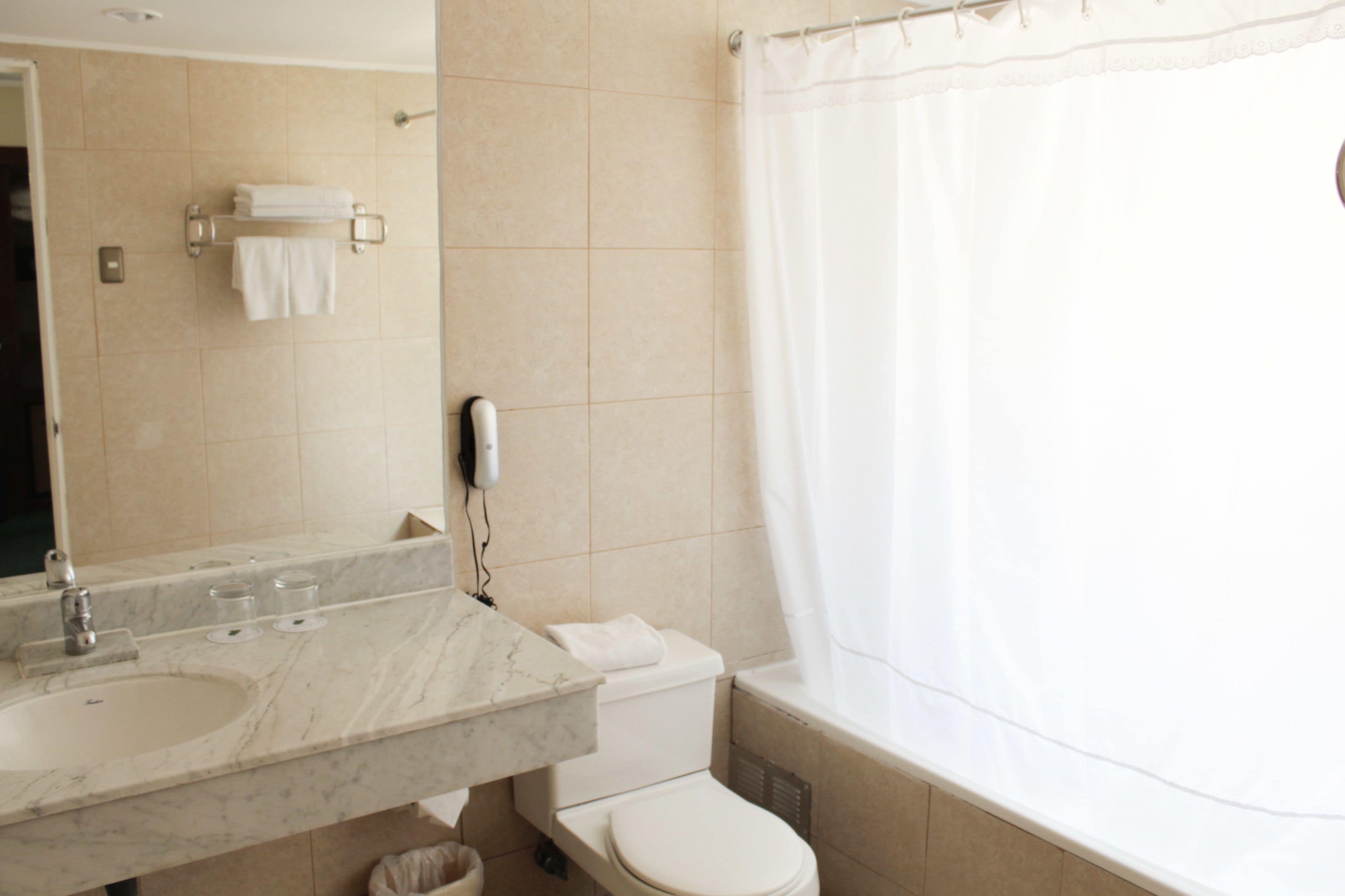 standard double room | bathroom | shower, hair dryer, towels