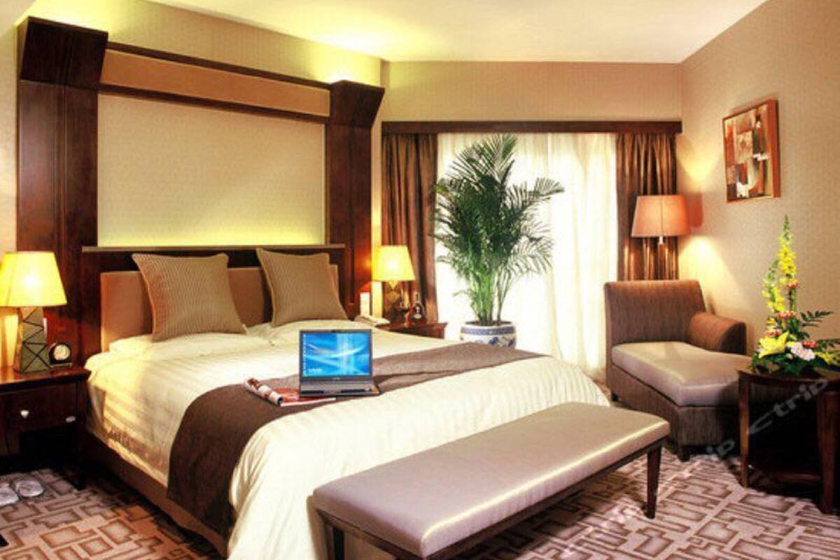A hotel room with a large bed, a desk with a laptop, a chair, a potted plant, and a window with curtains.