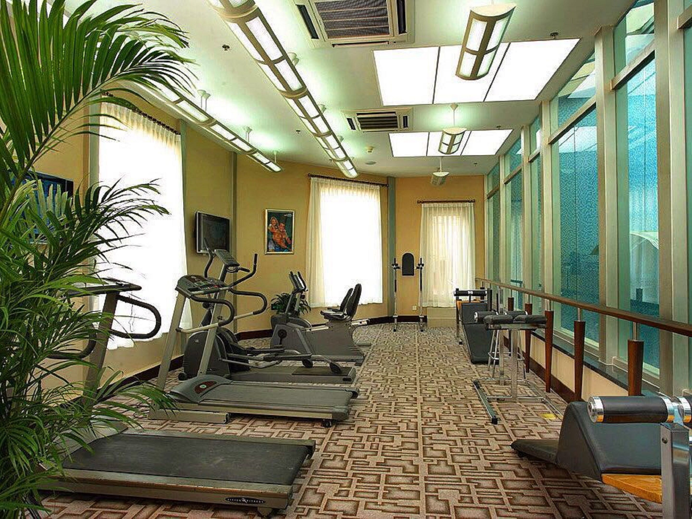 A fitness room with treadmills, exercise bikes, and a patterned carpet.