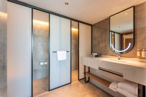 Hydromassage showerhead, free toiletries, hair dryer, bathrobes