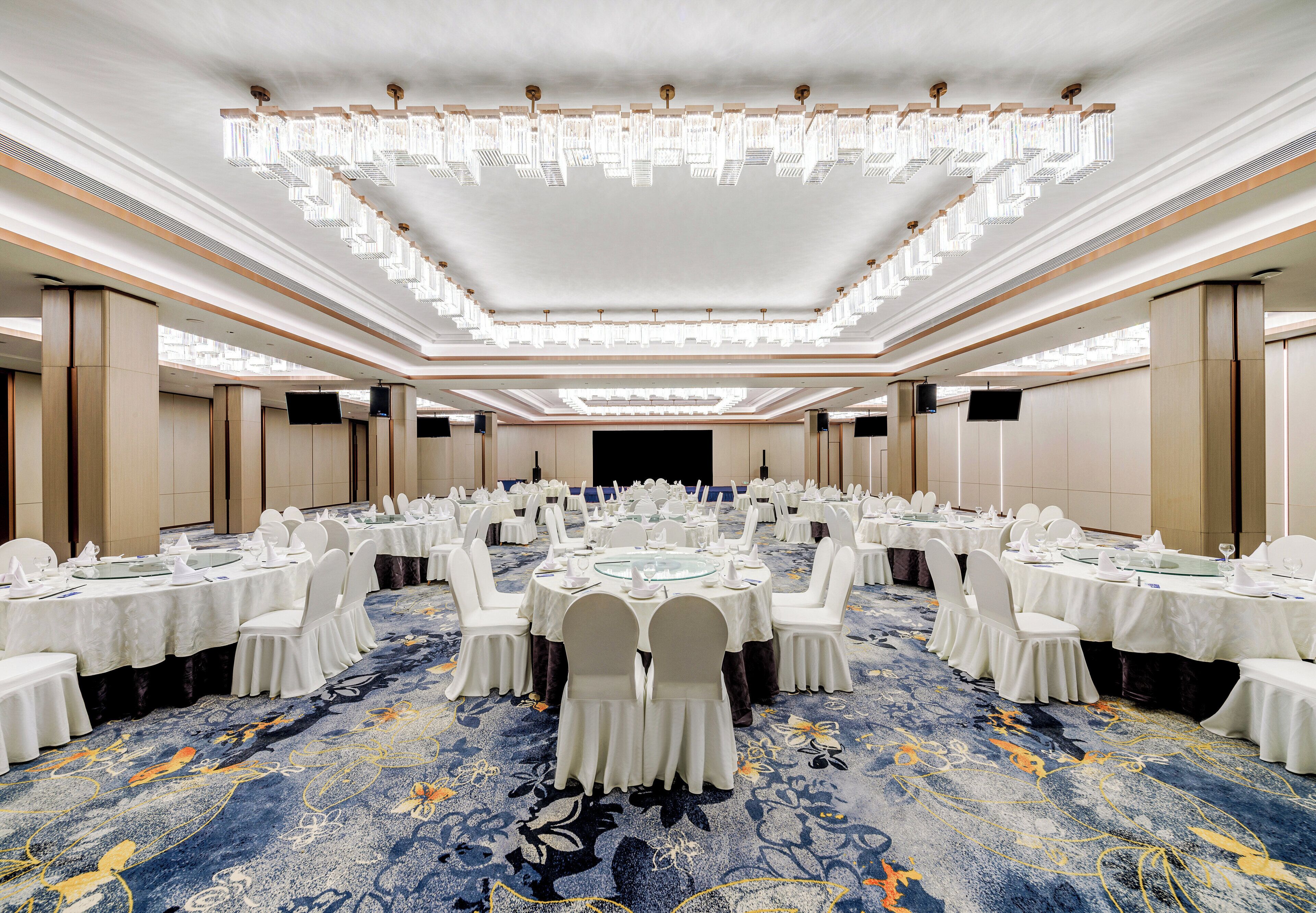 A banquet hall with round tables, white chairs, and a blue carpet.