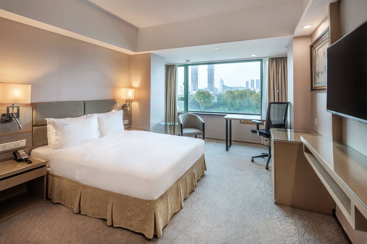 A hotel room with a large bed, a desk, a chair, a TV, and a view of the city skyline.