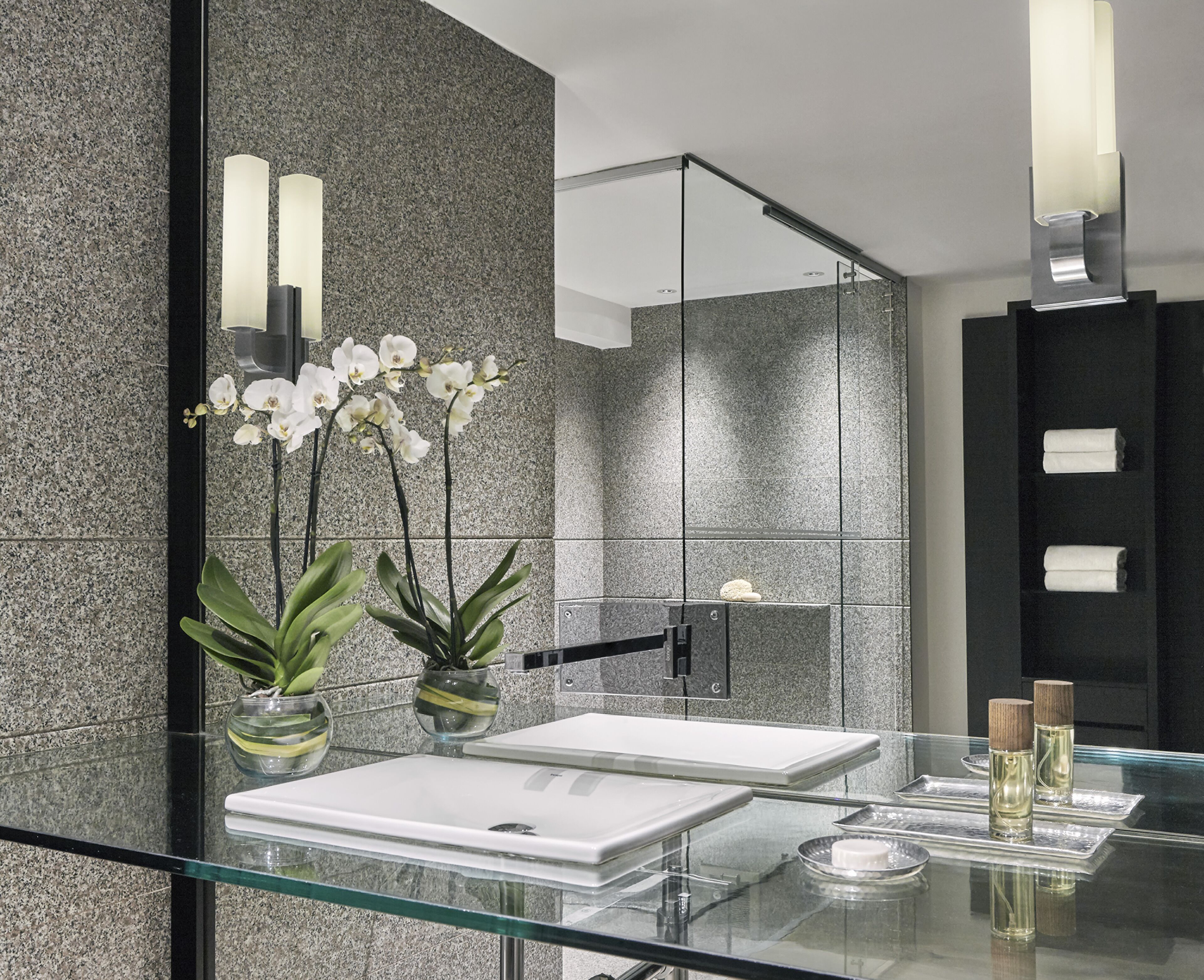 shower, designer toiletries, hair dryer, bathrobes