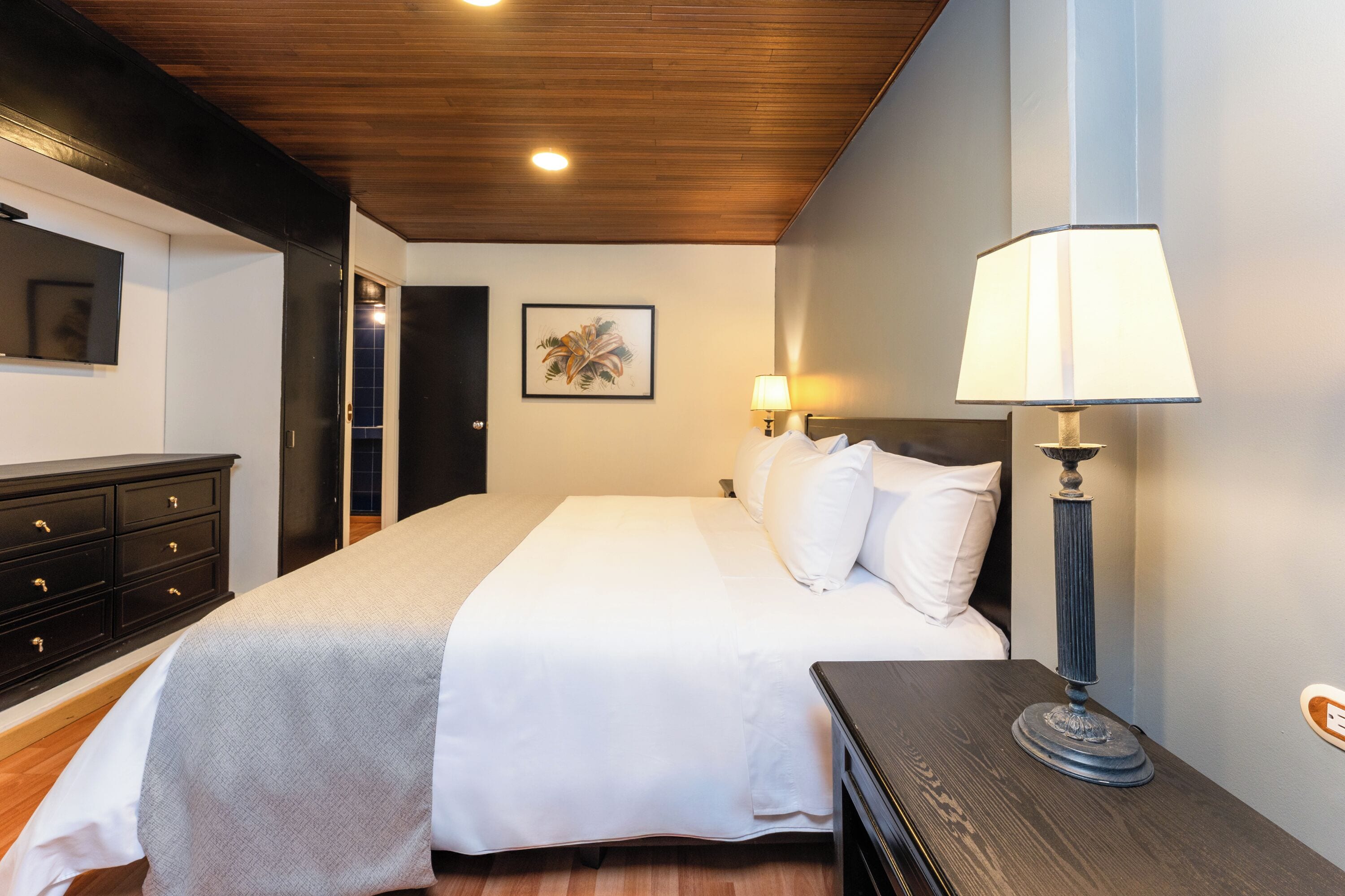 Un dormitorio con cama, lámparas de noche, cómoda y un cuadro enmarcado en la pared.