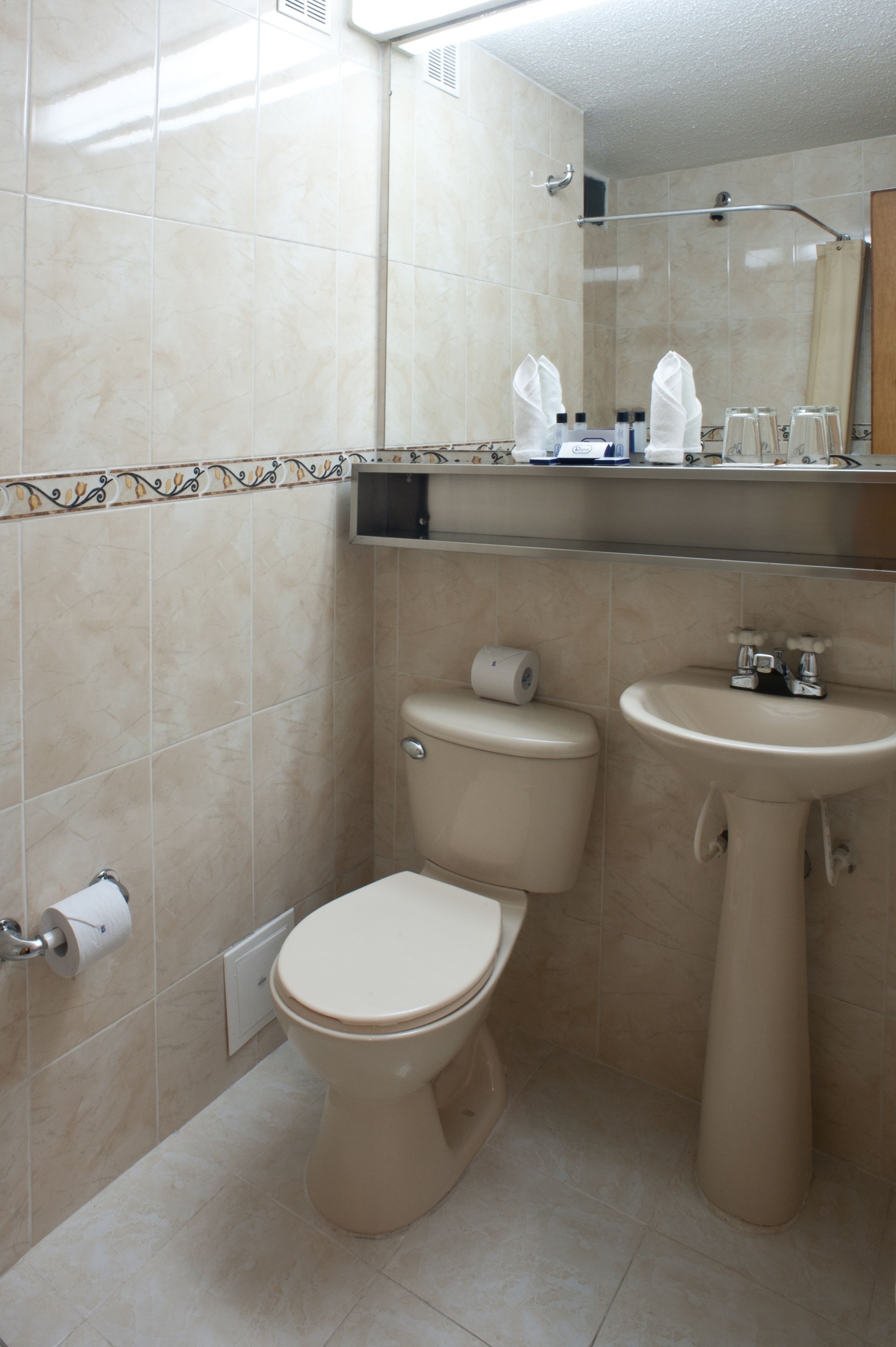 Une salle de bain équipée de toilettes, d’un lavabo et d’une douche.
