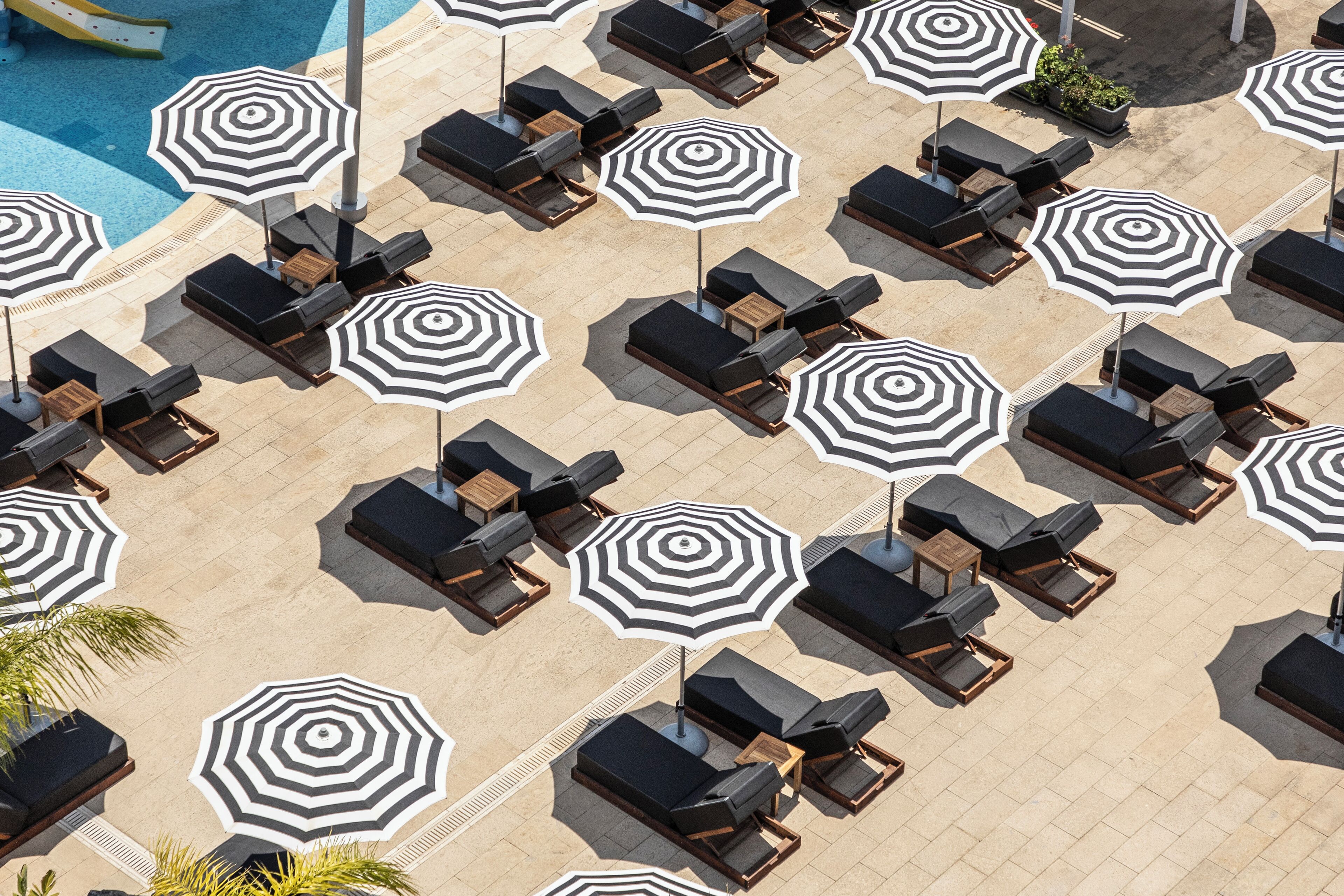 An aerial view of a poolside area with multiple lounge chairs and large umbrellas.