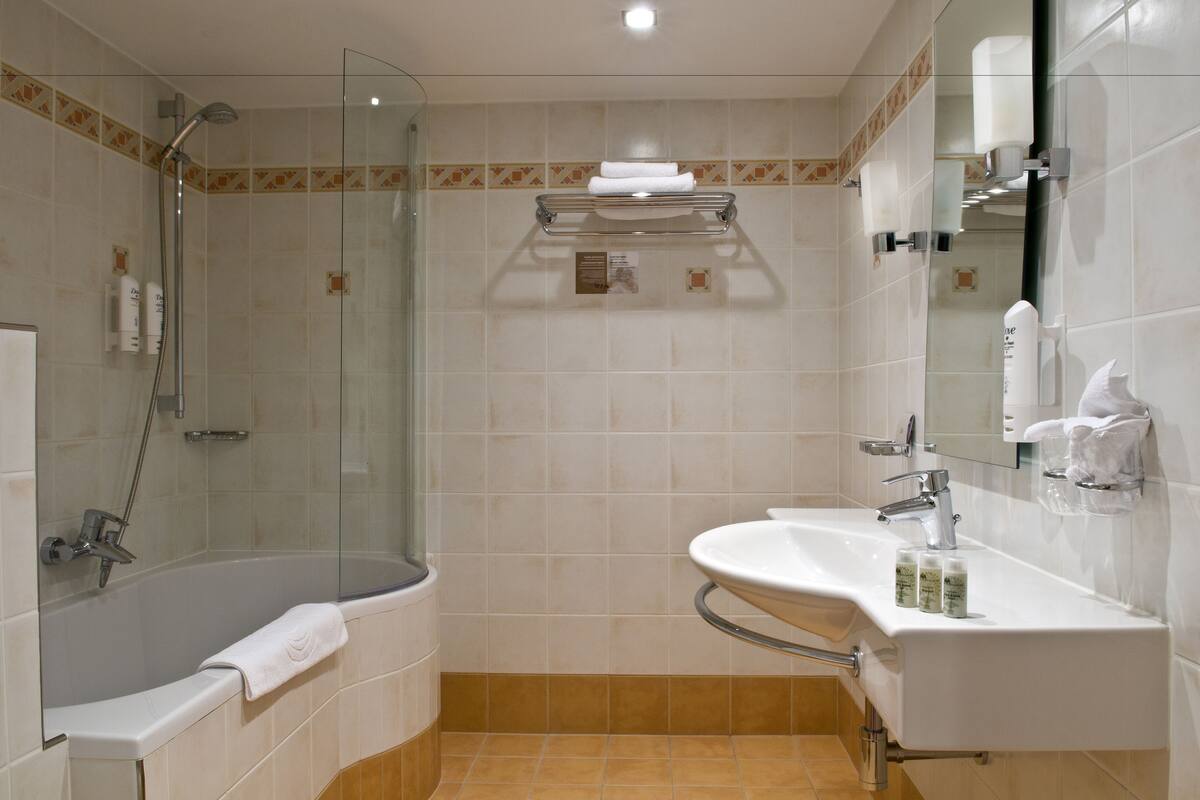 free toiletries, hair dryer, towels