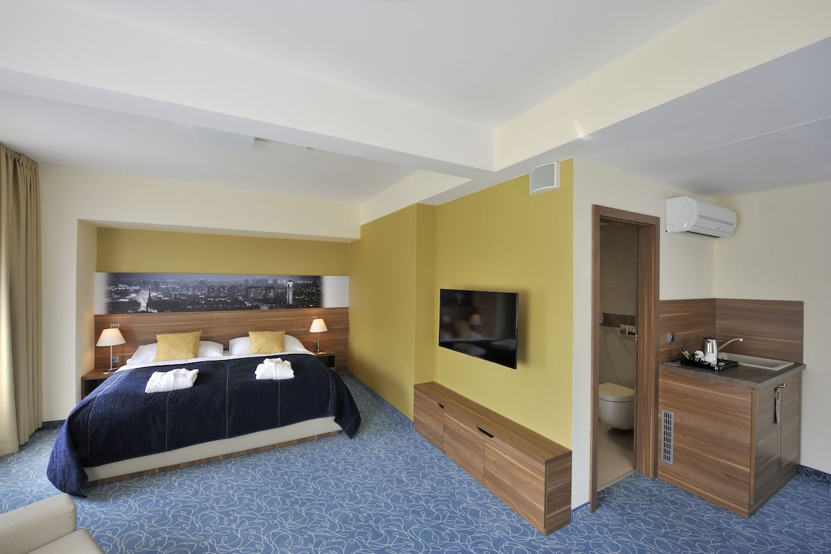 Habitación de hotel con cama, televisión, escritorio con lavabo y zona de ducha.