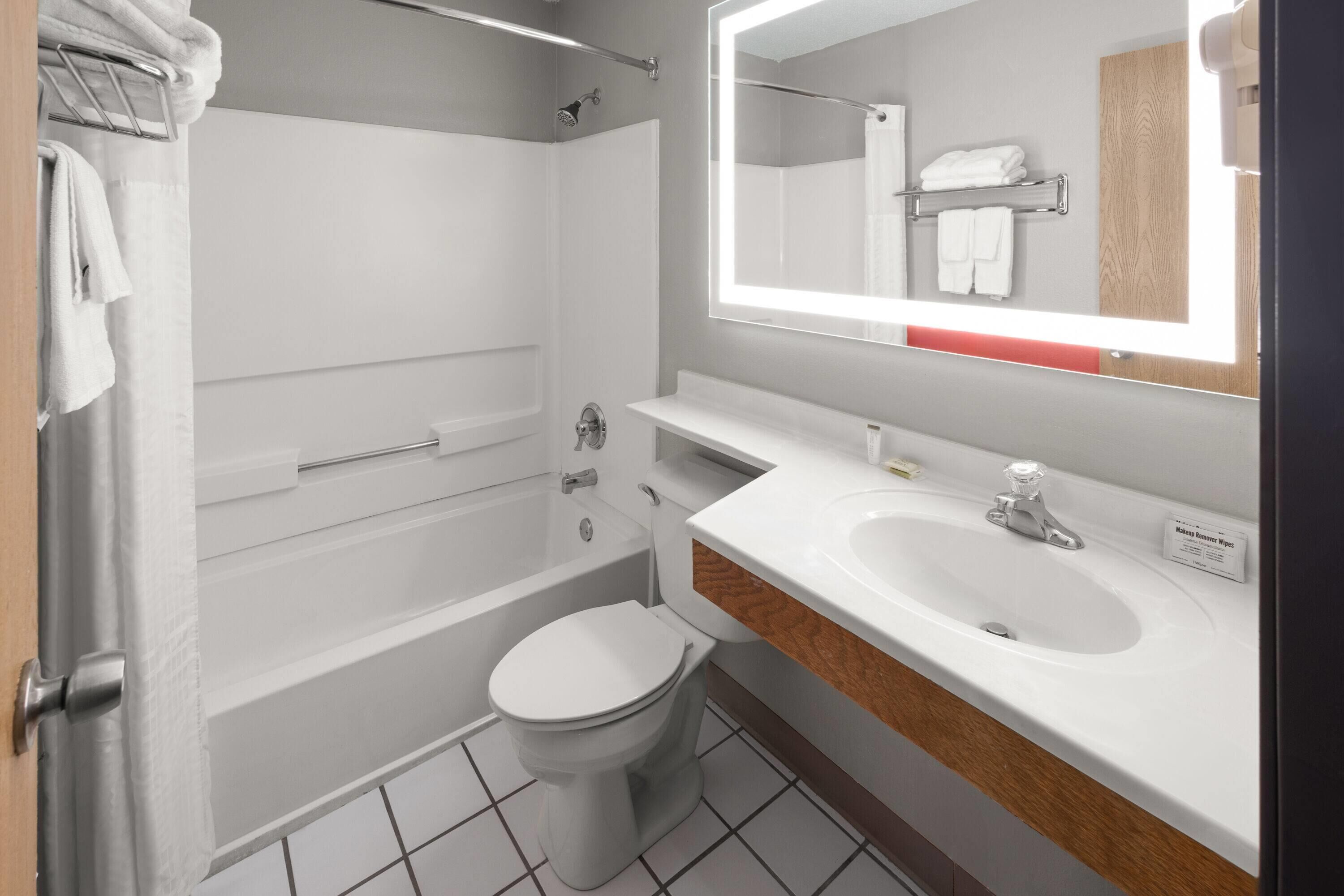 A modern bathroom with a bathtub, toilet, and a large mirror above the sink.