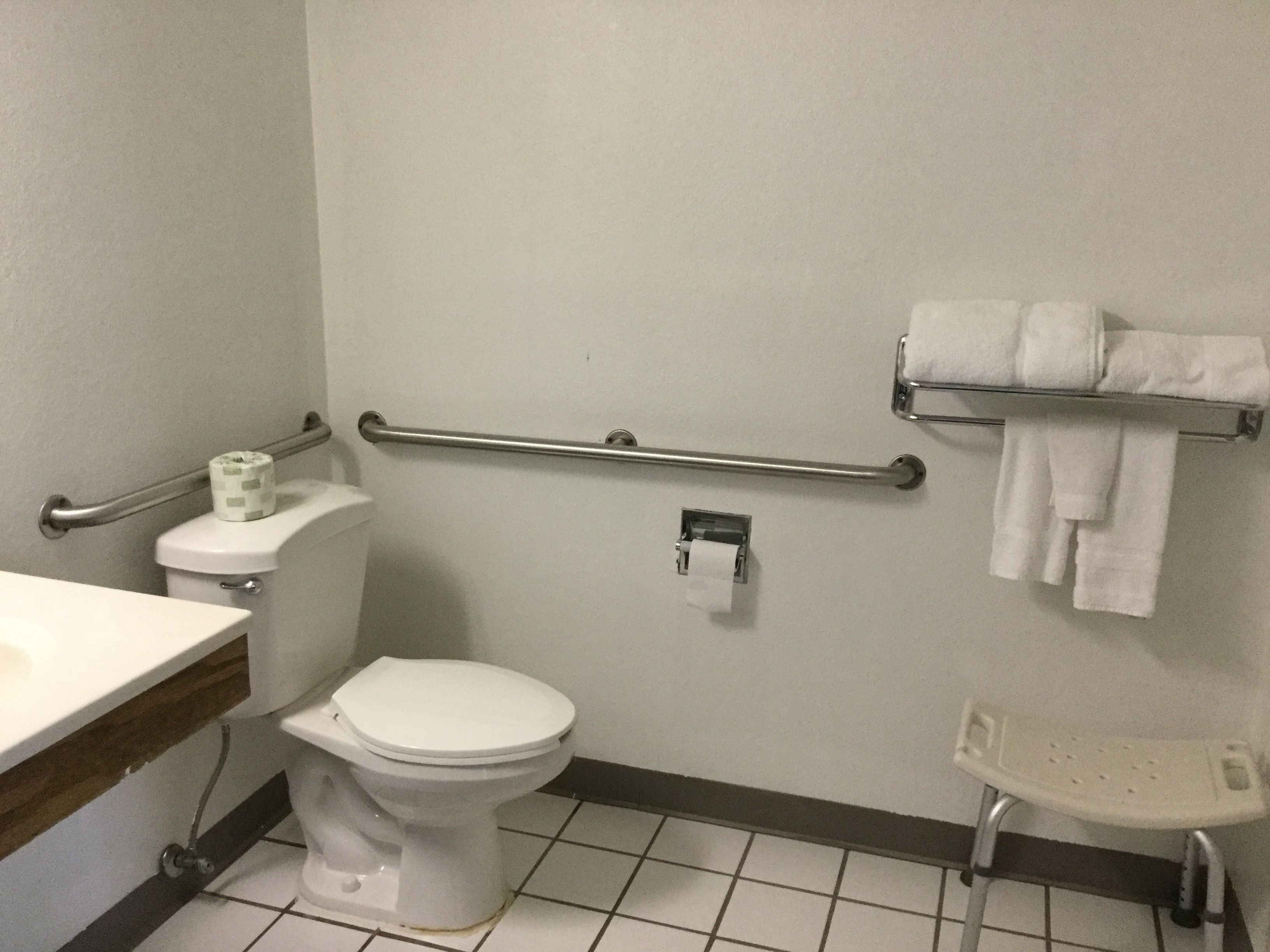 A bathroom with a toilet, a handrail, a towel rack, and a grab bar.