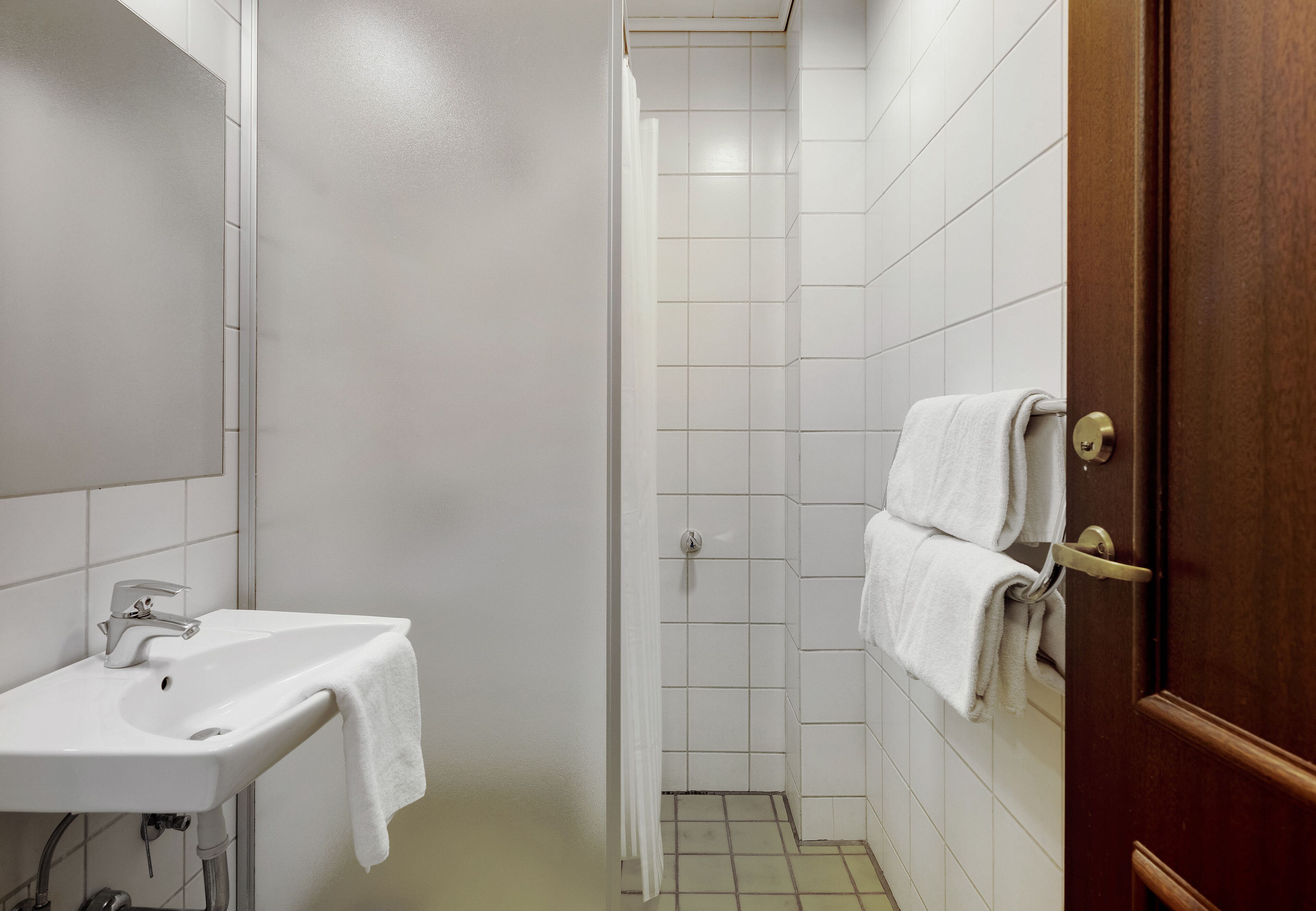 Un baño con lavamanos, ducha y puerta.