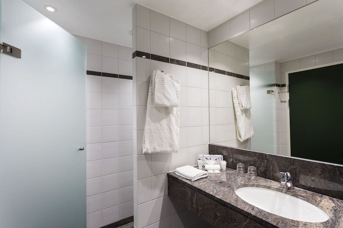 shower, eco-friendly toiletries, hair dryer, towels