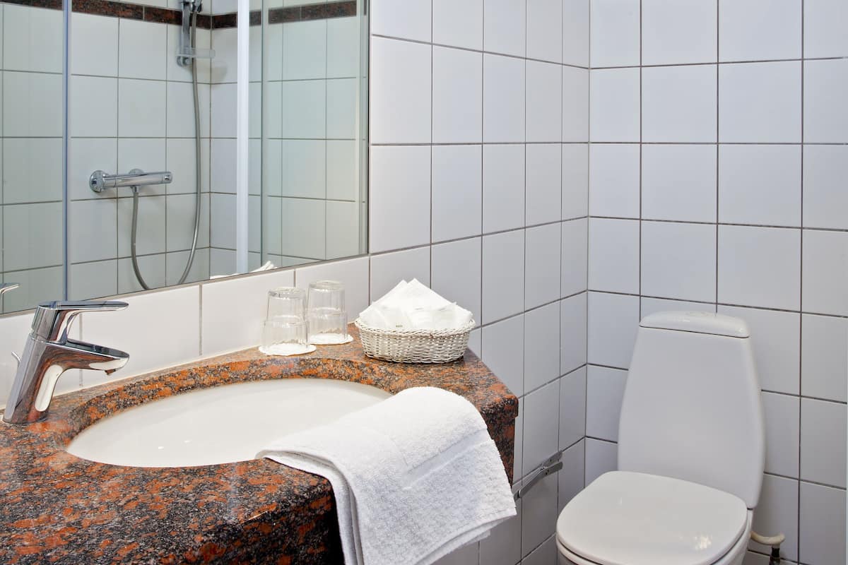 standard twin room | bathroom | shower, eco-friendly toiletries, hair dryer, towels